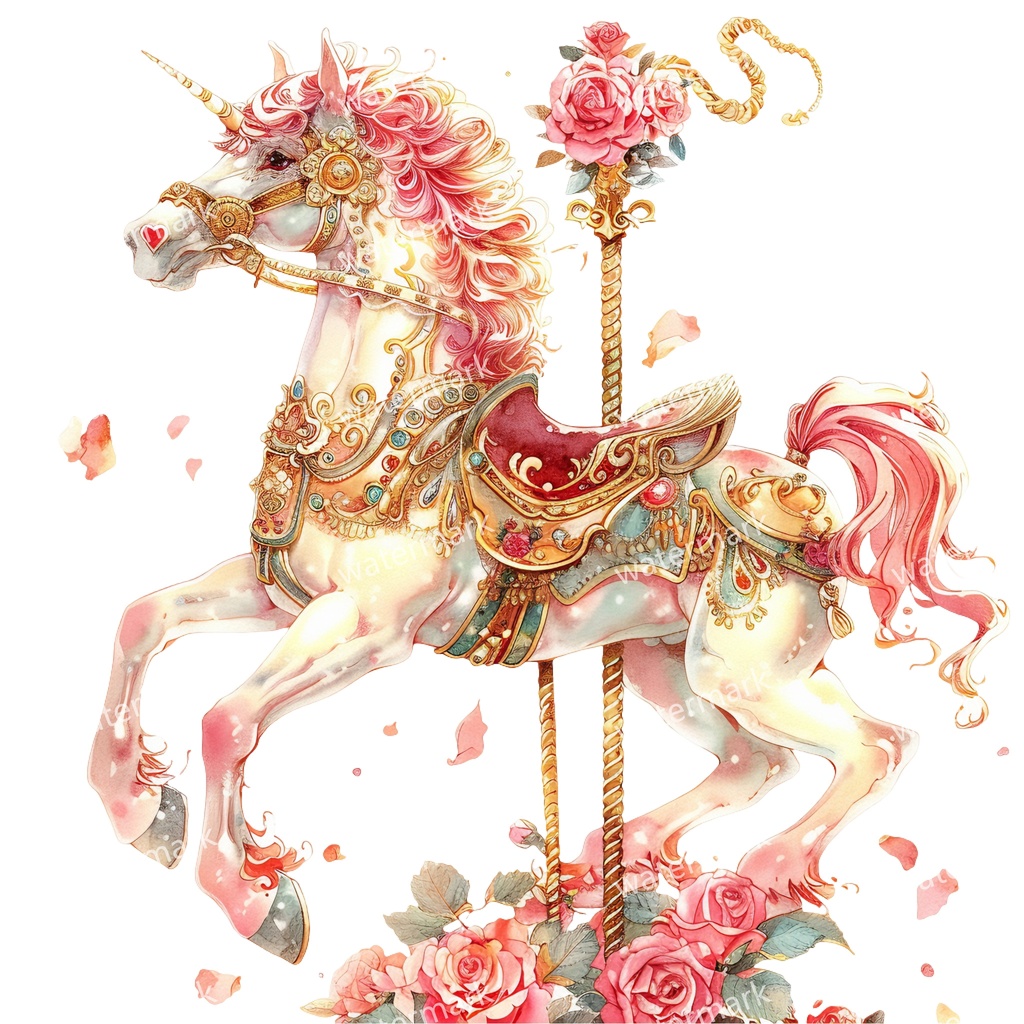 メリーゴーランドの木馬 クリップアート18点セット|高解像度・透過PNG|水彩イラスト素材・印刷OK・即ダウンロード