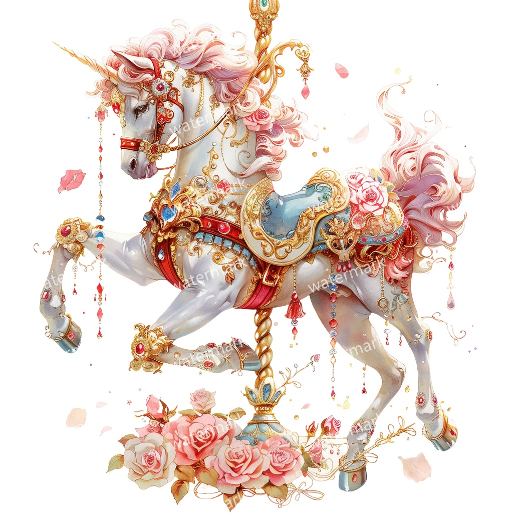 メリーゴーランドの木馬 クリップアート18点セット|高解像度・透過PNG|水彩イラスト素材・印刷OK・即ダウンロード
