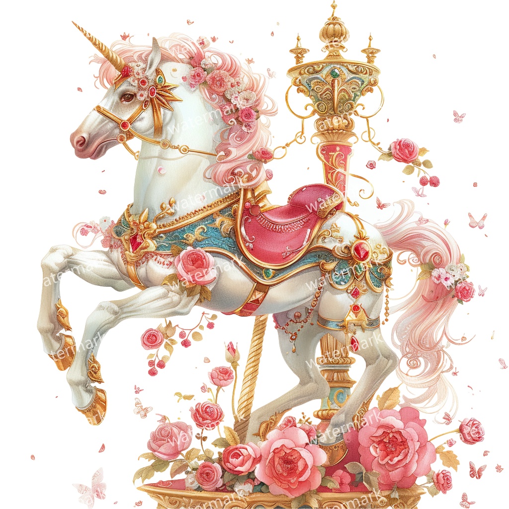 メリーゴーランドの木馬 クリップアート18点セット|高解像度・透過PNG|水彩イラスト素材・印刷OK・即ダウンロード