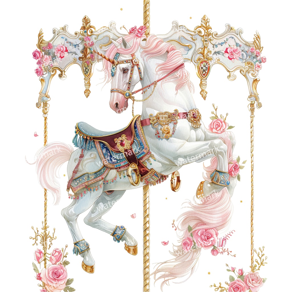 メリーゴーランドの木馬 クリップアート18点セット|高解像度・透過PNG|水彩イラスト素材・印刷OK・即ダウンロード