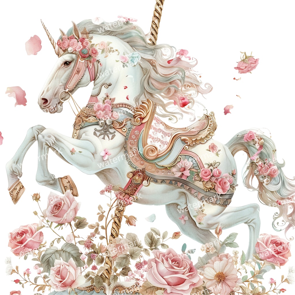 メリーゴーランドの木馬 クリップアート18点セット|高解像度・透過PNG|水彩イラスト素材・印刷OK・即ダウンロード