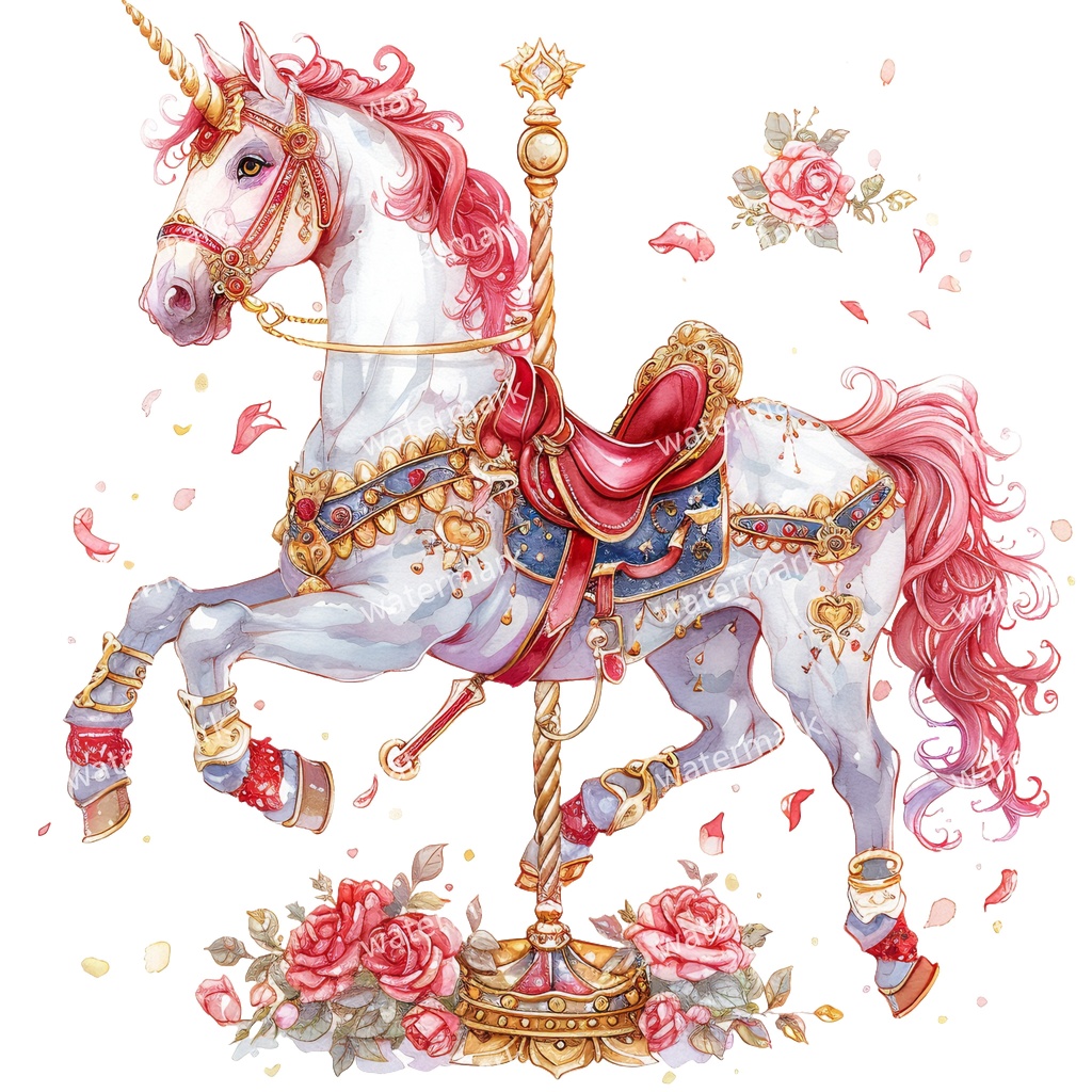 メリーゴーランドの木馬 クリップアート18点セット|高解像度・透過PNG|水彩イラスト素材・印刷OK・即ダウンロード