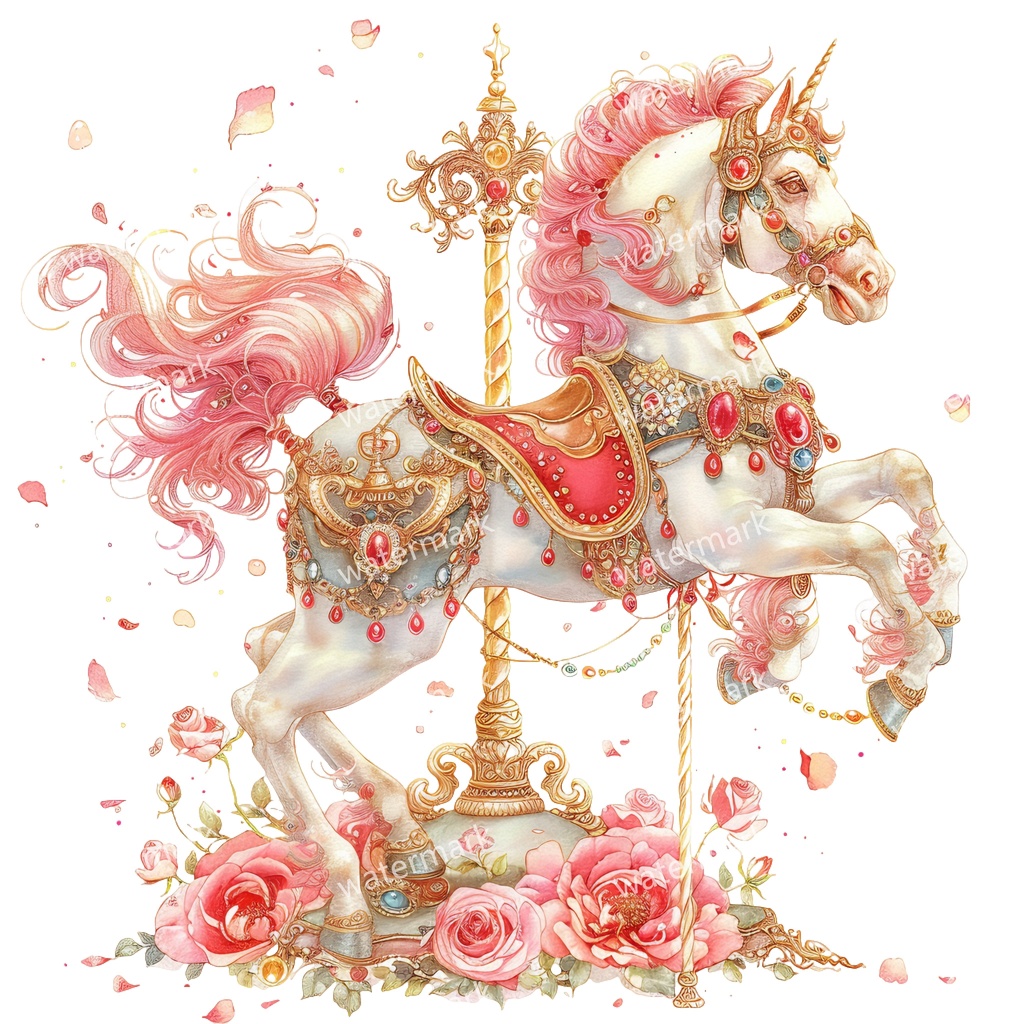 メリーゴーランドの木馬 クリップアート18点セット|高解像度・透過PNG|水彩イラスト素材・印刷OK・即ダウンロード