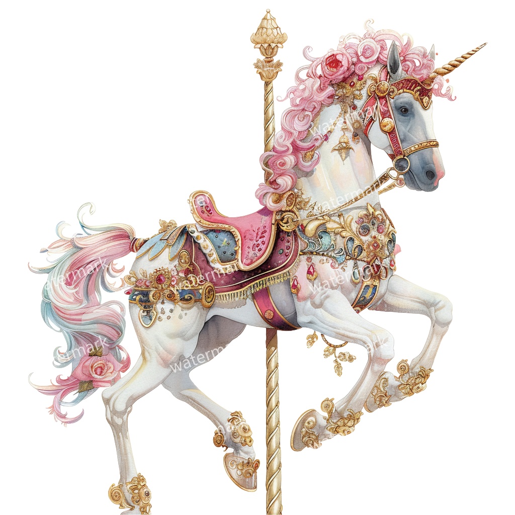 メリーゴーランドの木馬 クリップアート18点セット|高解像度・透過PNG|水彩イラスト素材・印刷OK・即ダウンロード
