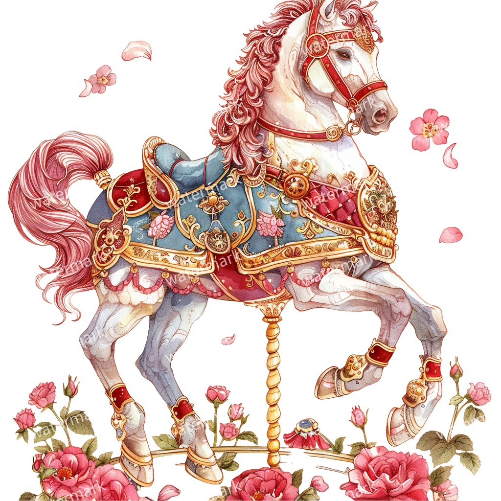 メリーゴーランドの木馬 クリップアート18点セット|高解像度・透過PNG|水彩イラスト素材・印刷OK・即ダウンロード