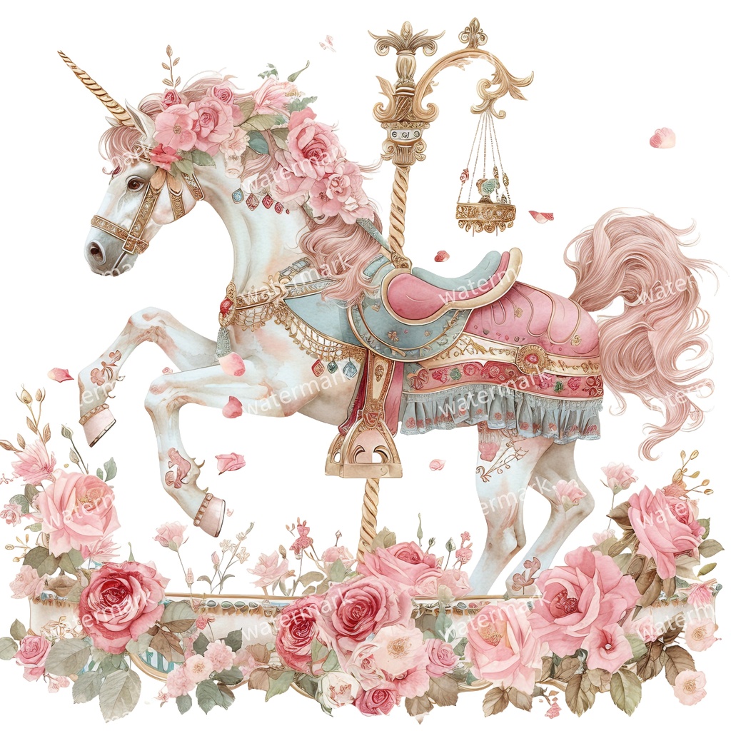メリーゴーランドの木馬 クリップアート18点セット|高解像度・透過PNG|水彩イラスト素材・印刷OK・即ダウンロード