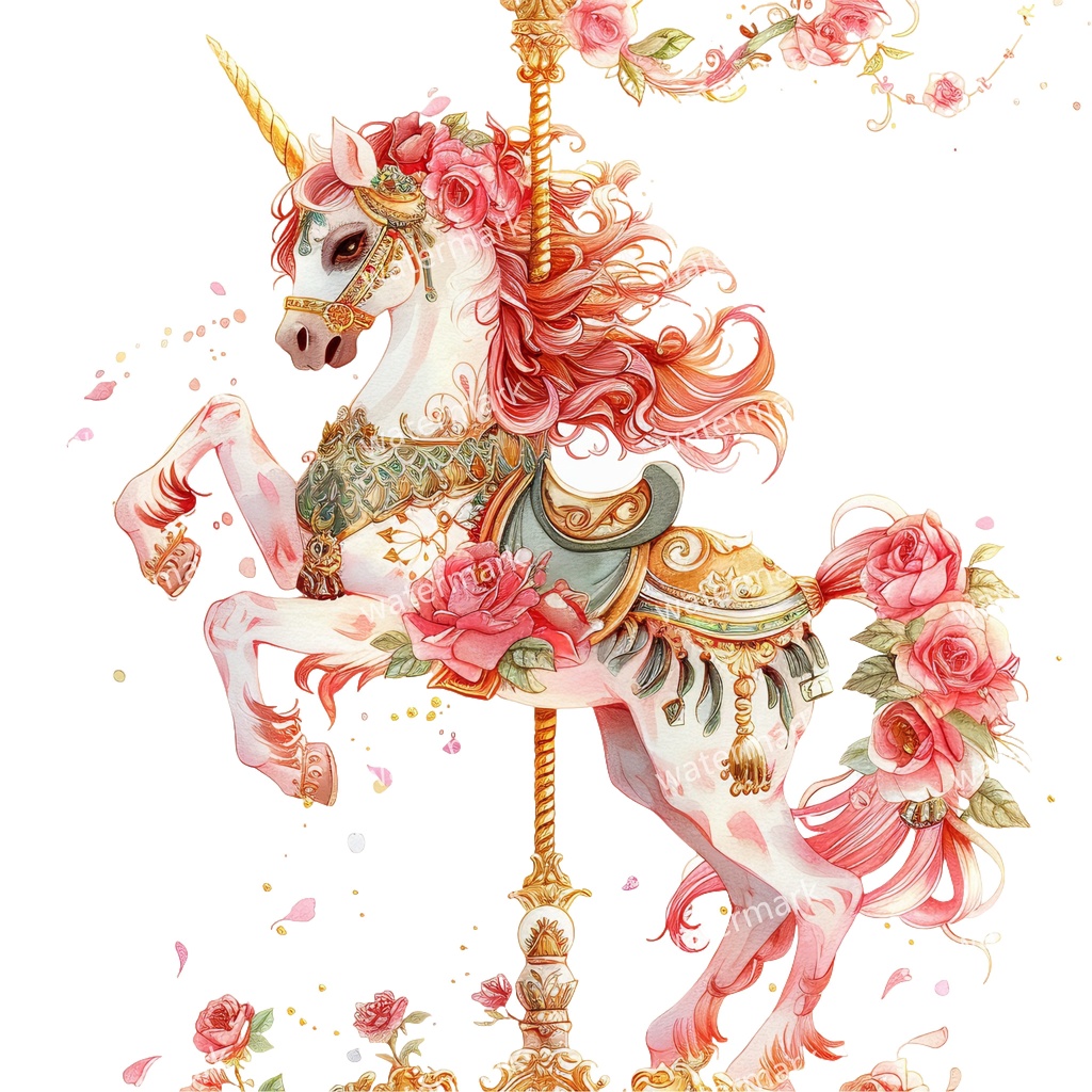 メリーゴーランドの木馬 クリップアート18点セット|高解像度・透過PNG|水彩イラスト素材・印刷OK・即ダウンロード