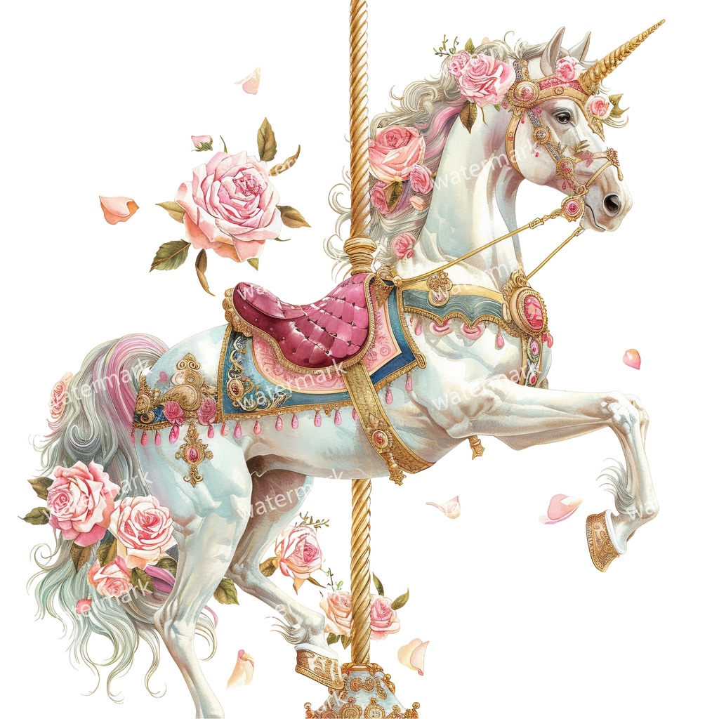 メリーゴーランドの木馬 クリップアート18点セット|高解像度・透過PNG|水彩イラスト素材・印刷OK・即ダウンロード