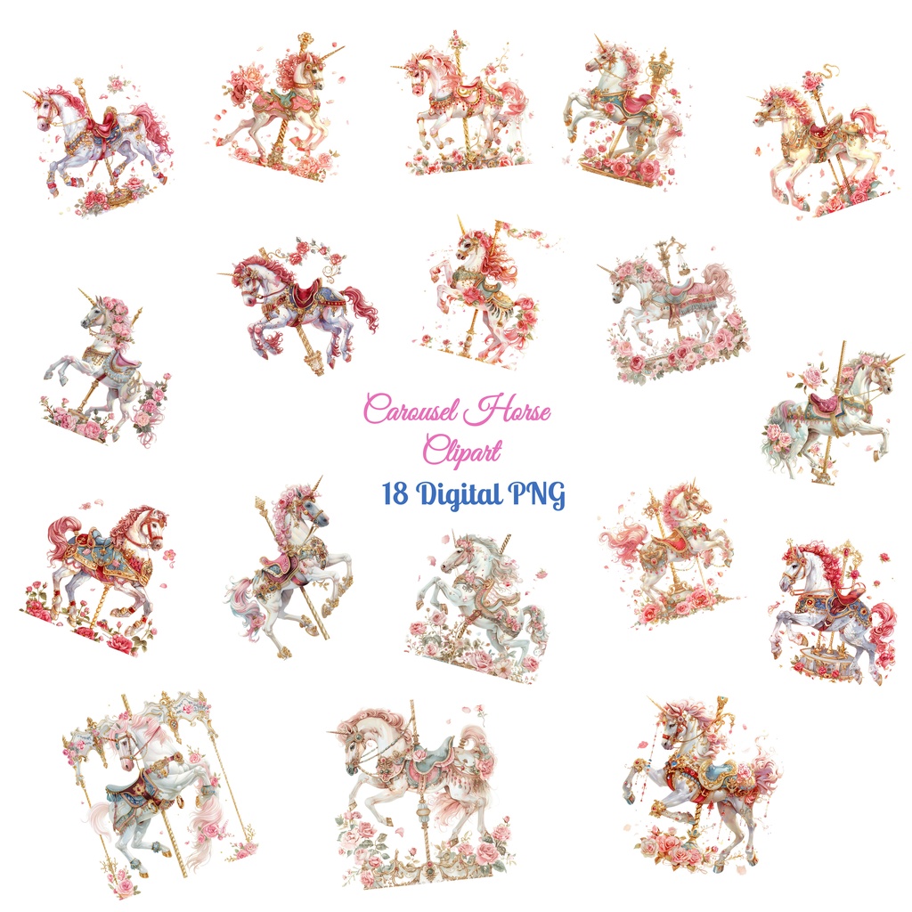 メリーゴーランドの木馬 クリップアート18点セット｜高解像度・透過PNG｜水彩イラスト素材・印刷OK・即ダウンロード