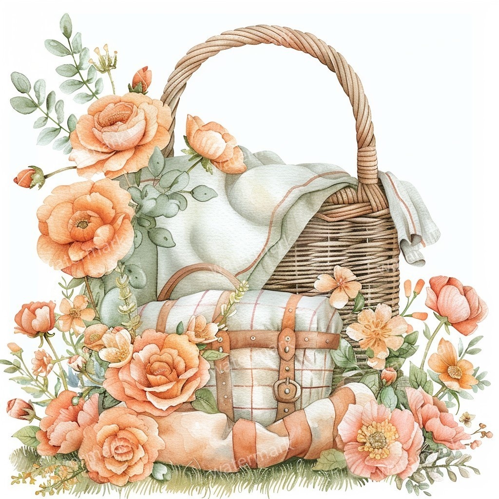 【商用利用可】春のピクニック水彩クリップアート14点セット|高解像度・透過PNG|印刷OK・コラージュ・ジャンクジャーナル素材|即ダウンロード