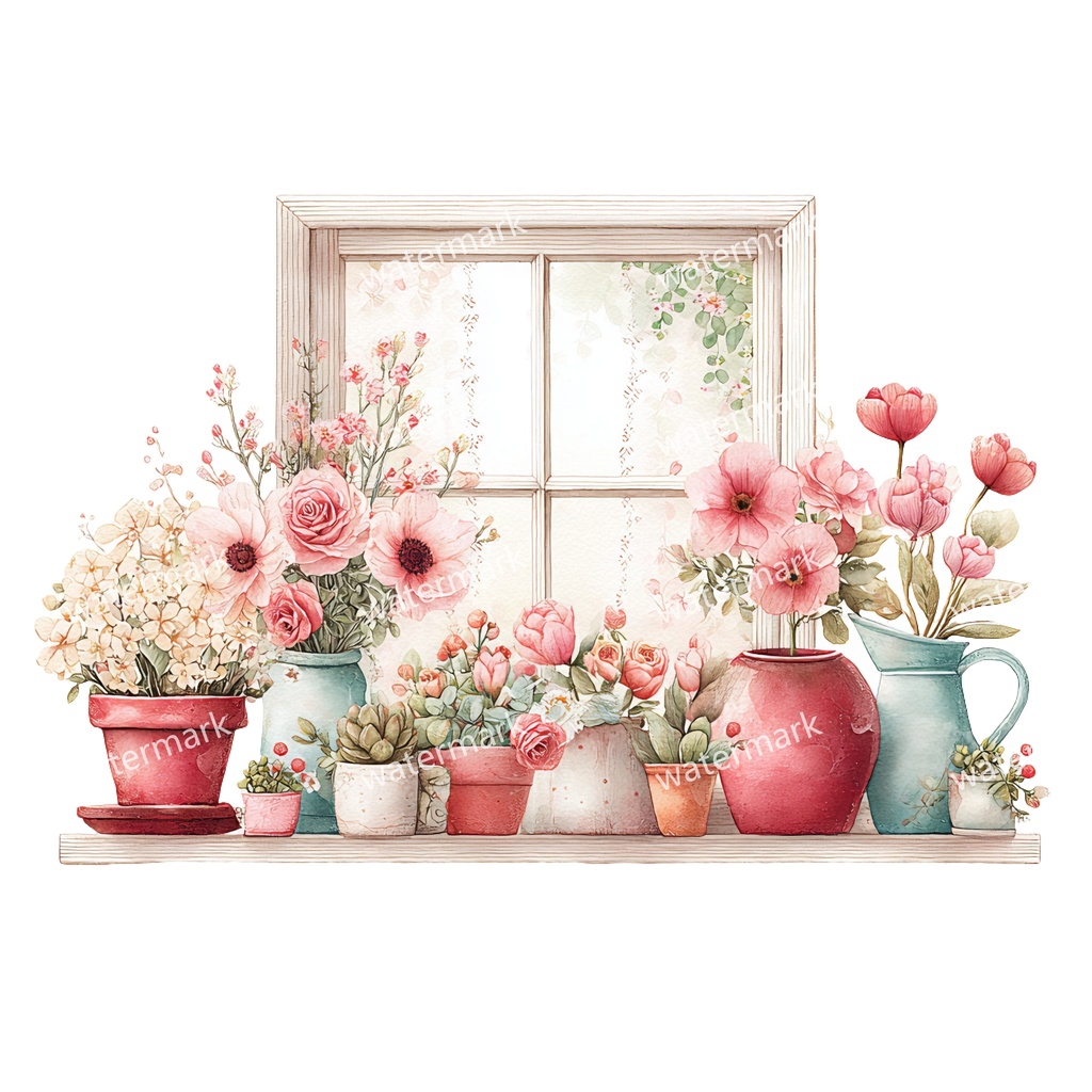 【商用利用可】フローラルウィンドウ(水彩窓)クリップアート20点セット|高解像度・透過PNG|印刷OK・コラージュ・ジャンクジャーナル素材|即ダウンロード