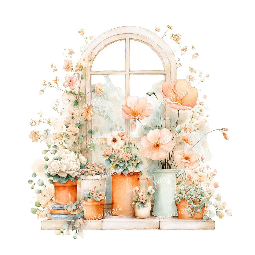 【商用利用可】フローラルウィンドウ（水彩窓）クリップアート20点セット｜高解像度・透過PNG｜印刷OK・コラージュ・ジャンクジャーナル素材｜即ダウンロード