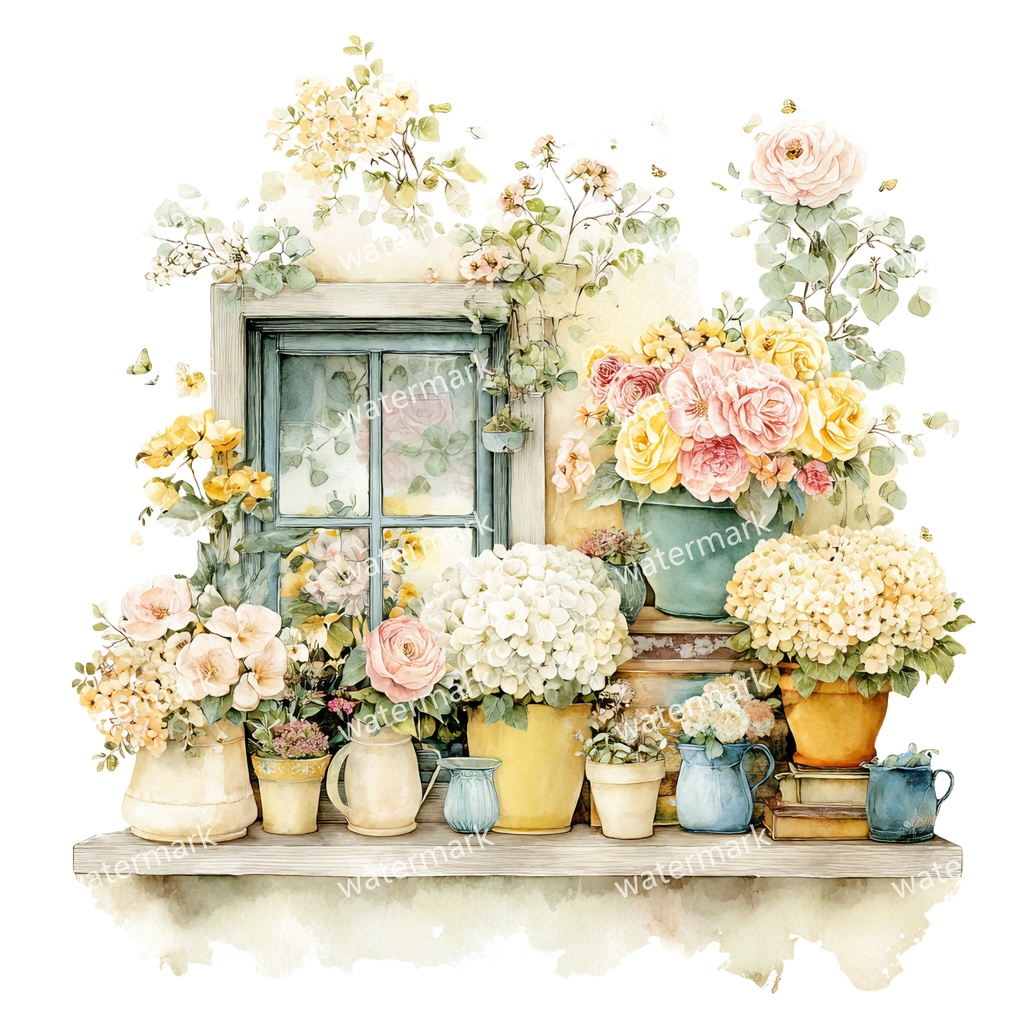 【商用利用可】フローラルウィンドウ(水彩窓)クリップアート20点セット|高解像度・透過PNG|印刷OK・コラージュ・ジャンクジャーナル素材|即ダウンロード