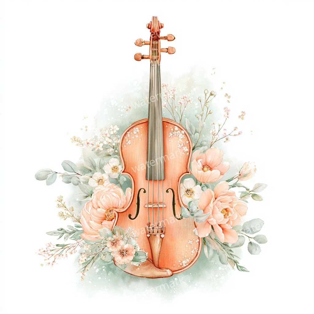 【商用利用可】花飾りヴァイオリン水彩クリップアート16点セット|高解像度JPG|印刷OK・コラージュ・ジャンクジャーナル素材|即ダウンロード