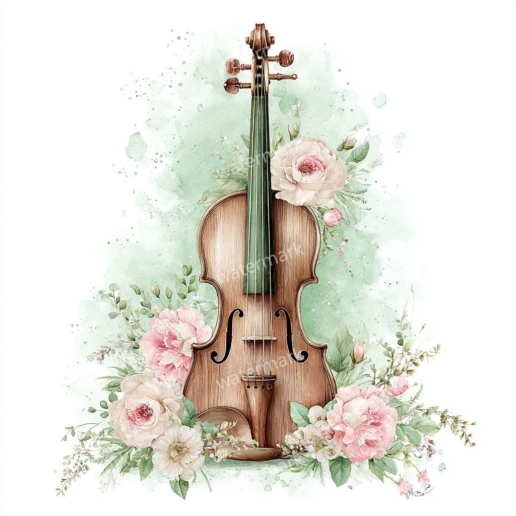【商用利用可】花飾りヴァイオリン水彩クリップアート16点セット|高解像度JPG|印刷OK・コラージュ・ジャンクジャーナル素材|即ダウンロード