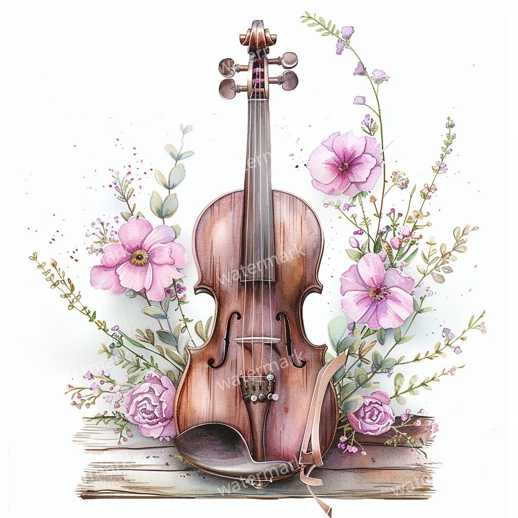 【商用利用可】花飾りヴァイオリン水彩クリップアート16点セット|高解像度JPG|印刷OK・コラージュ・ジャンクジャーナル素材|即ダウンロード