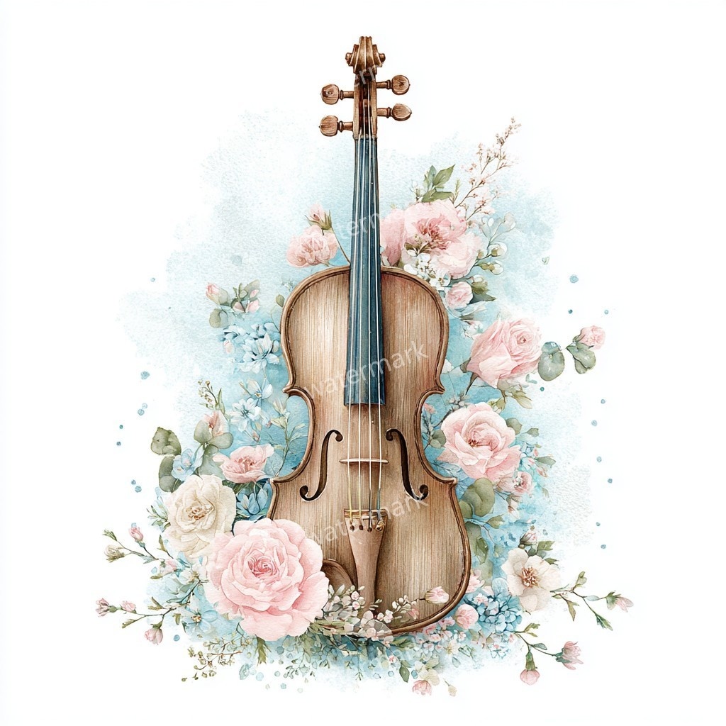 【商用利用可】花飾りヴァイオリン水彩クリップアート16点セット|高解像度JPG|印刷OK・コラージュ・ジャンクジャーナル素材|即ダウンロード