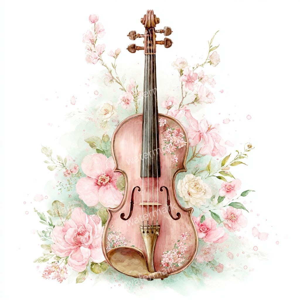 【商用利用可】花飾りヴァイオリン水彩クリップアート16点セット|高解像度JPG|印刷OK・コラージュ・ジャンクジャーナル素材|即ダウンロード