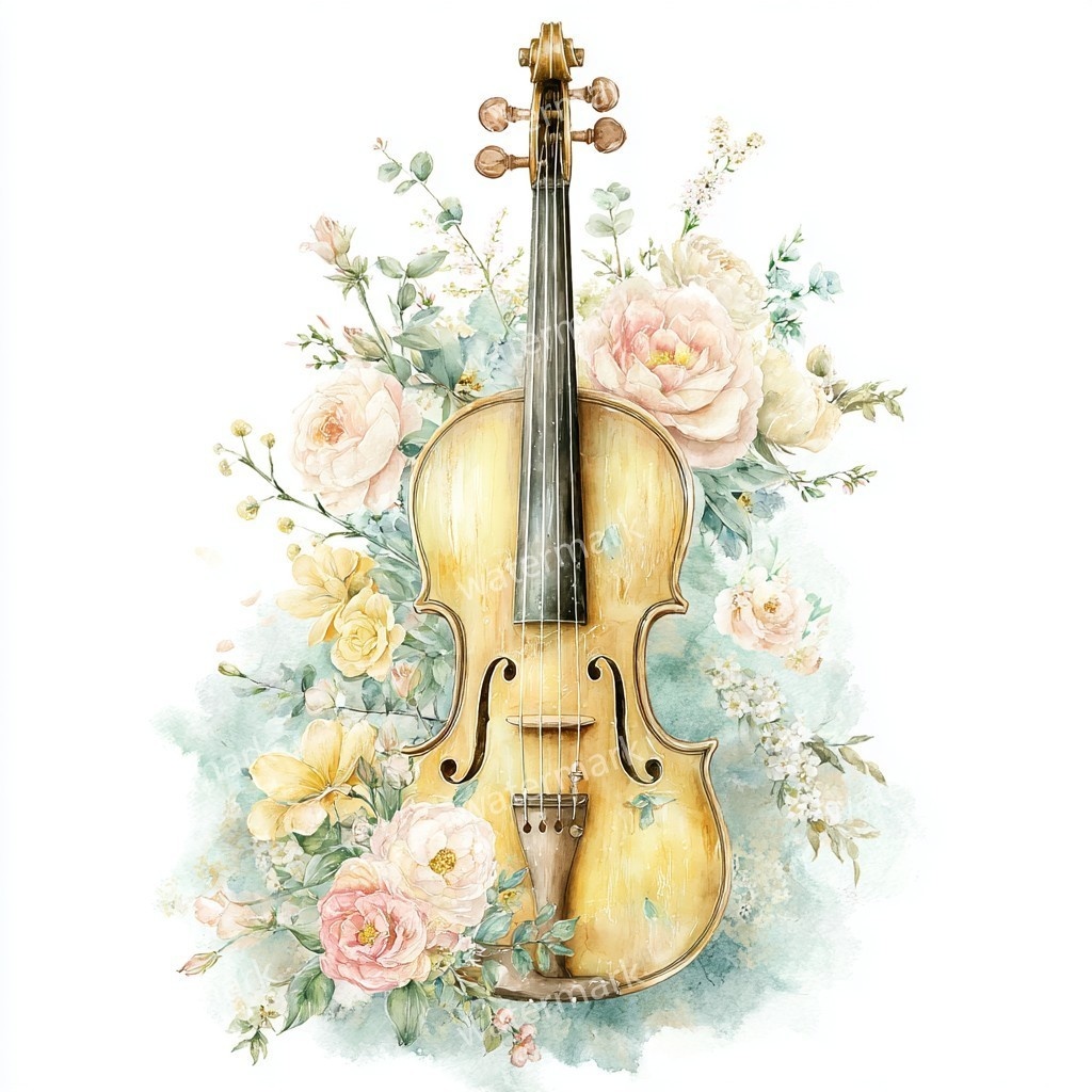【商用利用可】花飾りヴァイオリン水彩クリップアート16点セット|高解像度JPG|印刷OK・コラージュ・ジャンクジャーナル素材|即ダウンロード
