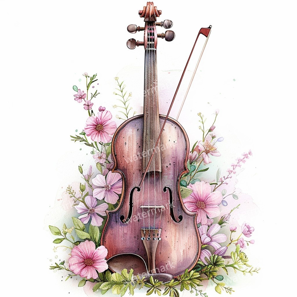 【商用利用可】花飾りヴァイオリン水彩クリップアート16点セット|高解像度JPG|印刷OK・コラージュ・ジャンクジャーナル素材|即ダウンロード