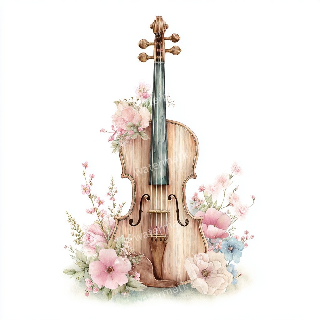 【商用利用可】花飾りヴァイオリン水彩クリップアート16点セット｜高解像度JPG｜印刷OK・コラージュ・ジャンクジャーナル素材｜即ダウンロード