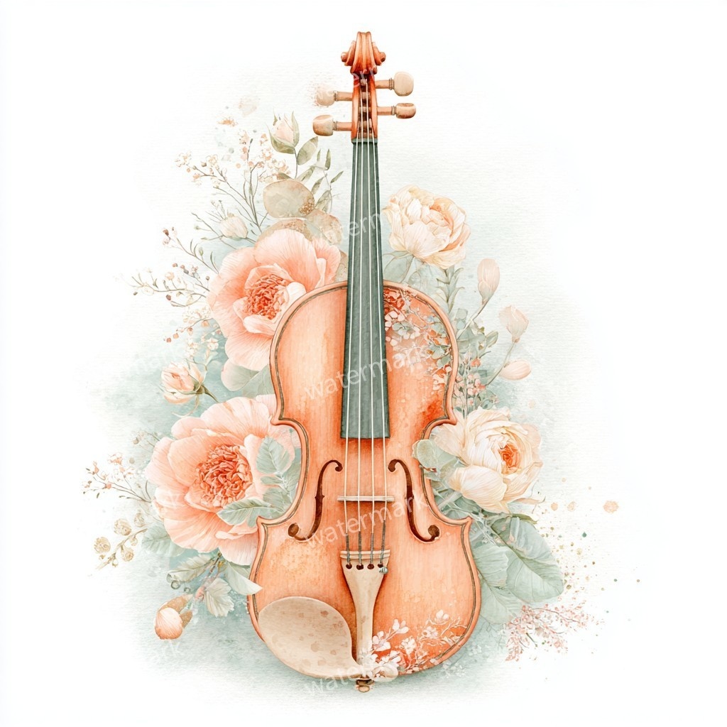 【商用利用可】花飾りヴァイオリン水彩クリップアート16点セット|高解像度JPG|印刷OK・コラージュ・ジャンクジャーナル素材|即ダウンロード