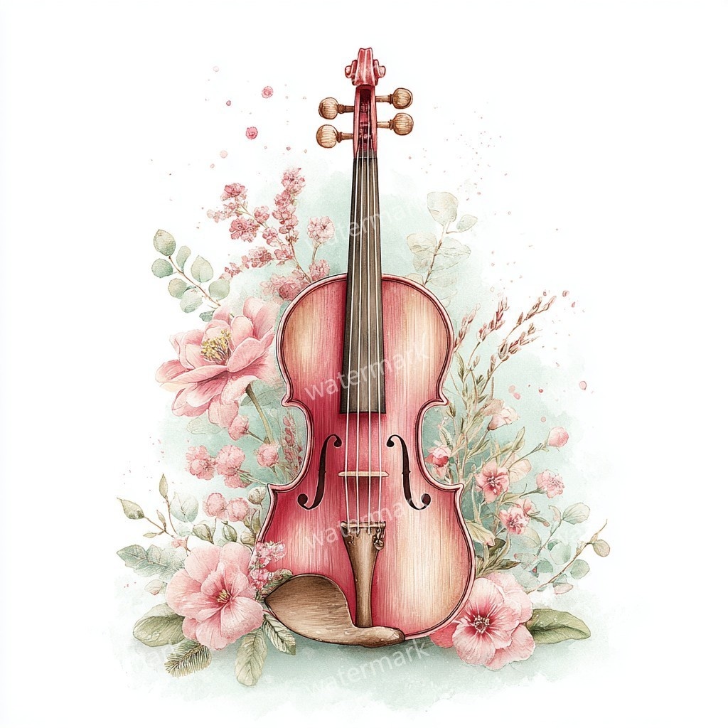 【商用利用可】花飾りヴァイオリン水彩クリップアート16点セット|高解像度JPG|印刷OK・コラージュ・ジャンクジャーナル素材|即ダウンロード