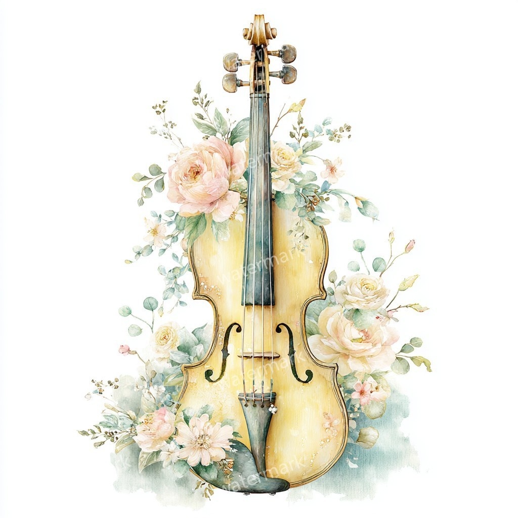 【商用利用可】花飾りヴァイオリン水彩クリップアート16点セット|高解像度JPG|印刷OK・コラージュ・ジャンクジャーナル素材|即ダウンロード