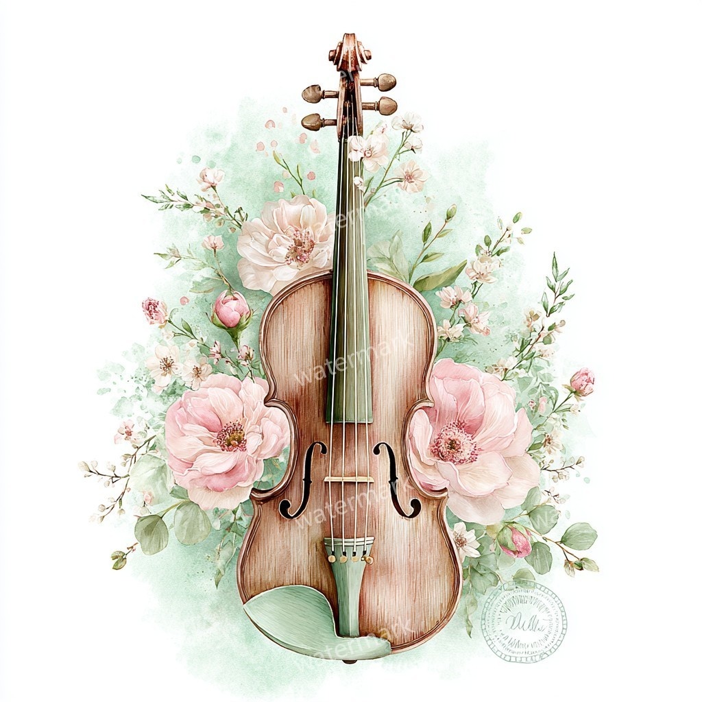 【商用利用可】花飾りヴァイオリン水彩クリップアート16点セット|高解像度JPG|印刷OK・コラージュ・ジャンクジャーナル素材|即ダウンロード