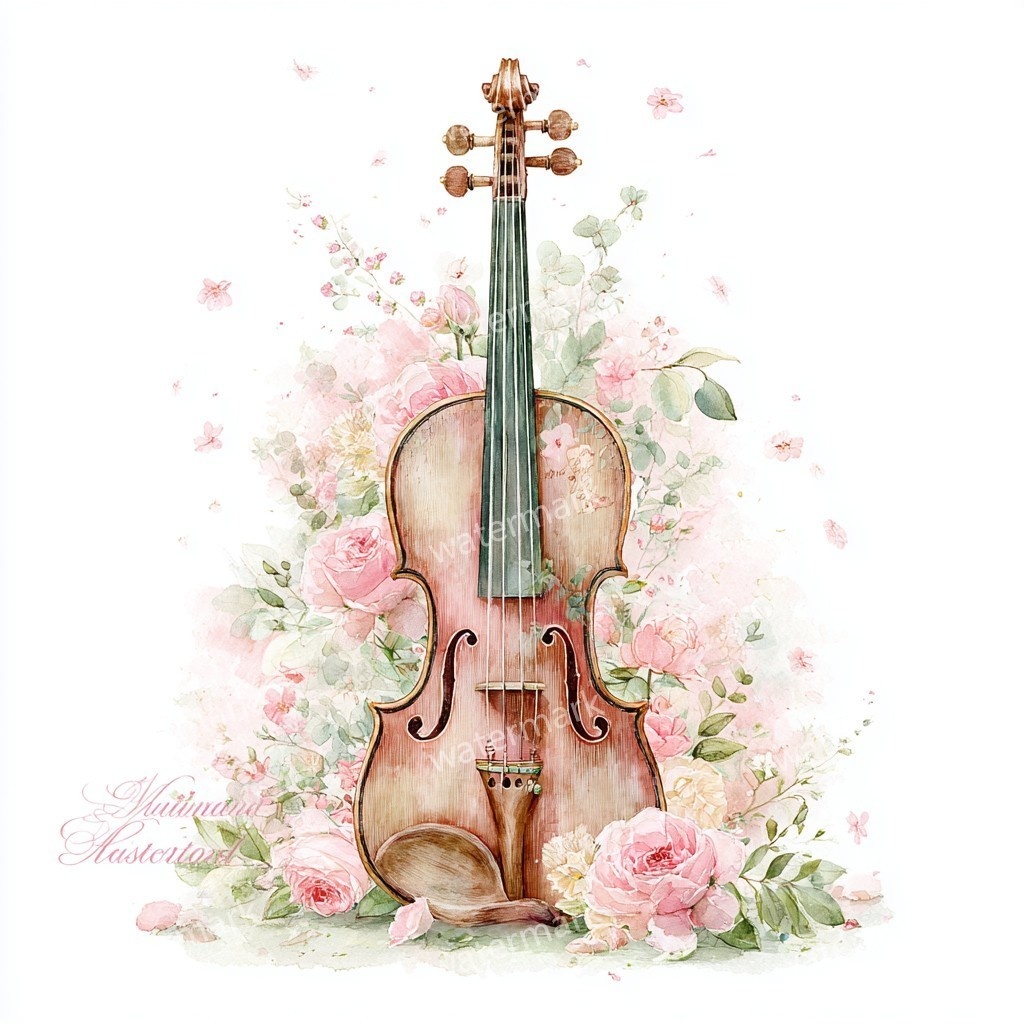 【商用利用可】花飾りヴァイオリン水彩クリップアート16点セット|高解像度JPG|印刷OK・コラージュ・ジャンクジャーナル素材|即ダウンロード