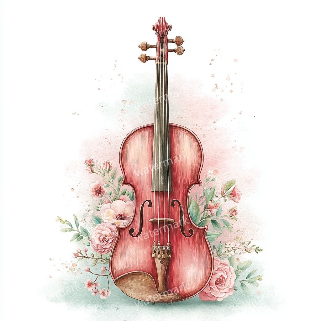 【商用利用可】花飾りヴァイオリン水彩クリップアート16点セット|高解像度JPG|印刷OK・コラージュ・ジャンクジャーナル素材|即ダウンロード