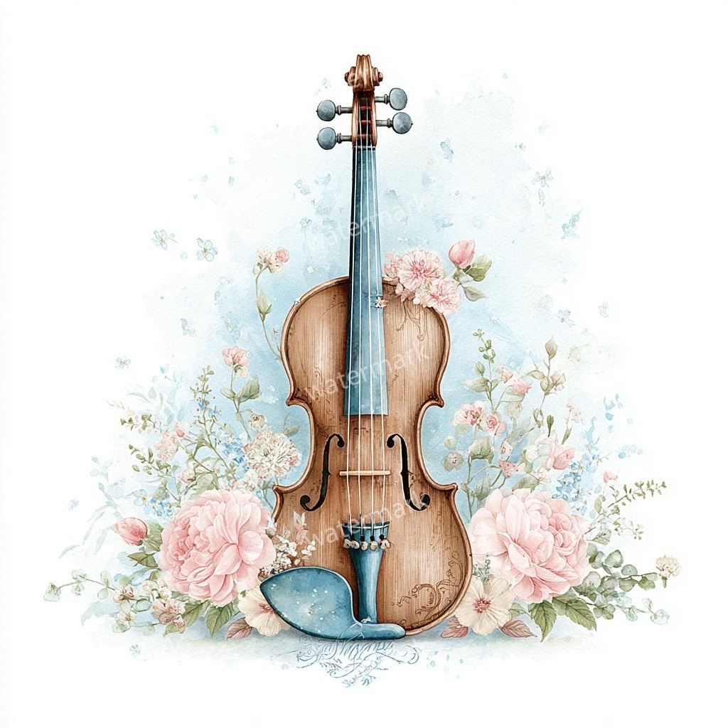 【商用利用可】花飾りヴァイオリン水彩クリップアート16点セット|高解像度JPG|印刷OK・コラージュ・ジャンクジャーナル素材|即ダウンロード