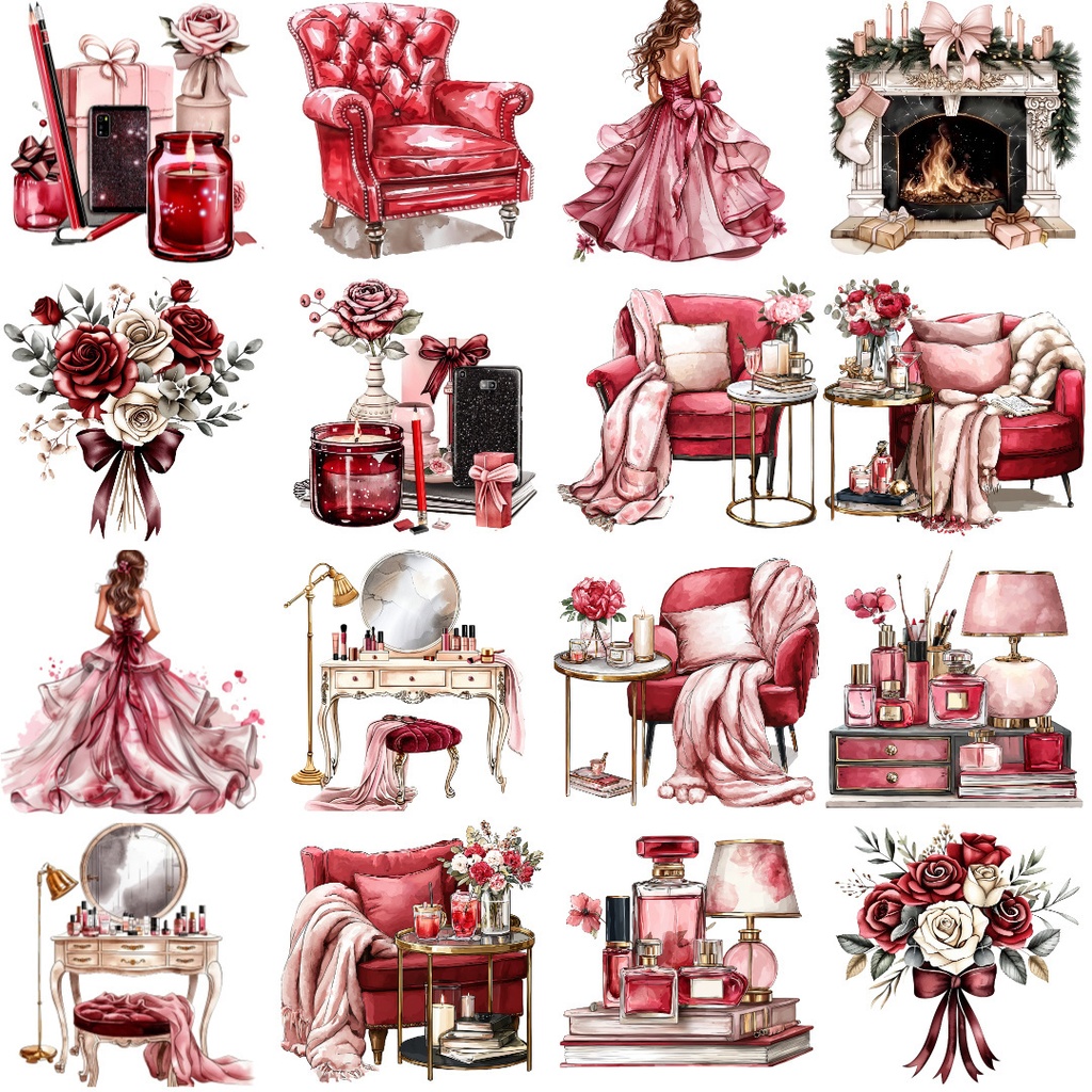 【商用利用可】レッドファッション水彩クリップアート65点セット|高解像度・透過PNG|印刷OK・コラージュ・ジャンクジャーナル素材|即ダウンロード