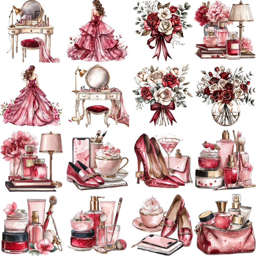 【商用利用可】レッドファッション水彩クリップアート65点セット|高解像度・透過PNG|印刷OK・コラージュ・ジャンクジャーナル素材|即ダウンロード