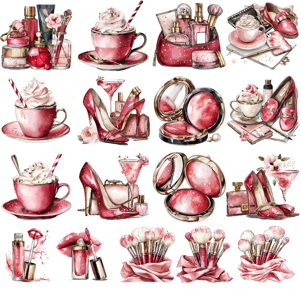 【商用利用可】レッドファッション水彩クリップアート65点セット|高解像度・透過PNG|印刷OK・コラージュ・ジャンクジャーナル素材|即ダウンロード