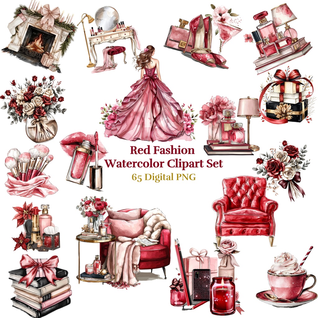 【商用利用可】レッドファッション水彩クリップアート65点セット|高解像度・透過PNG|印刷OK・コラージュ・ジャンクジャーナル素材|即ダウンロード