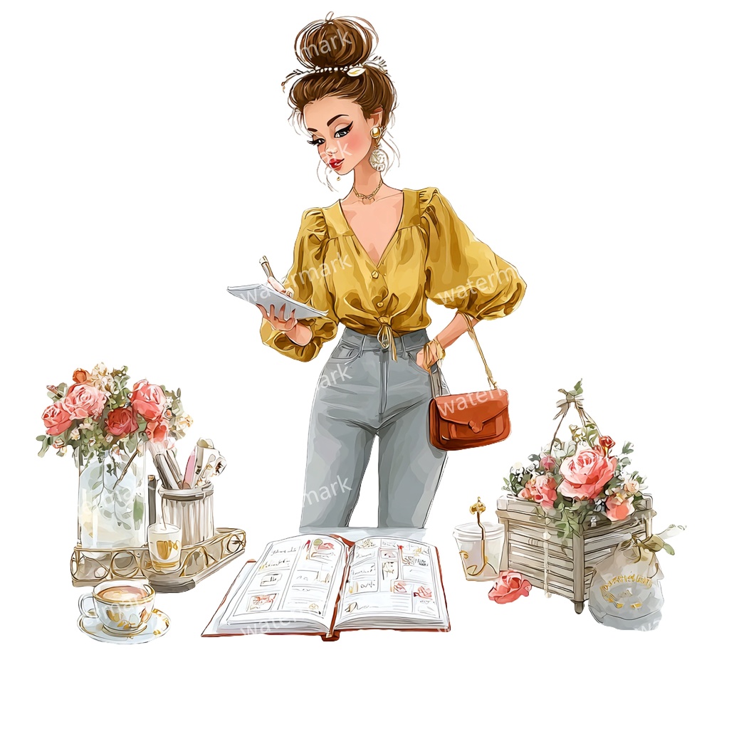 【商用利用可】働く女性(水彩ワーキングガール)クリップアート18点セット|高解像度・透過PNG|印刷OK・コラージュ・ジャンクジャーナル素材|即ダウンロード