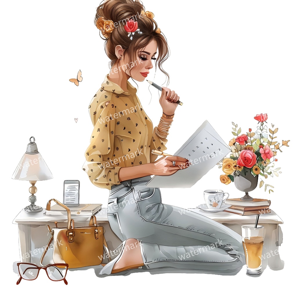 【商用利用可】働く女性(水彩ワーキングガール)クリップアート18点セット|高解像度・透過PNG|印刷OK・コラージュ・ジャンクジャーナル素材|即ダウンロード