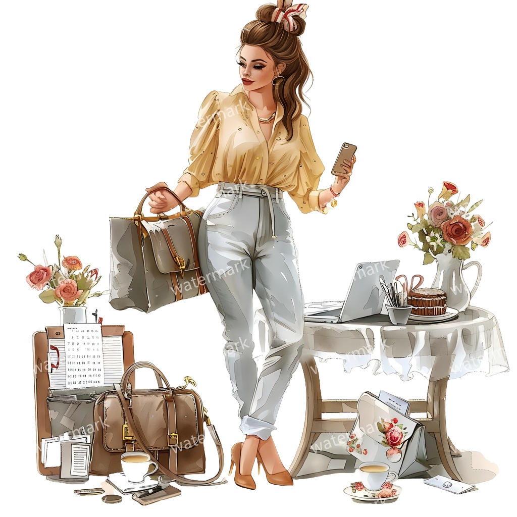 【商用利用可】働く女性(水彩ワーキングガール)クリップアート18点セット|高解像度・透過PNG|印刷OK・コラージュ・ジャンクジャーナル素材|即ダウンロード