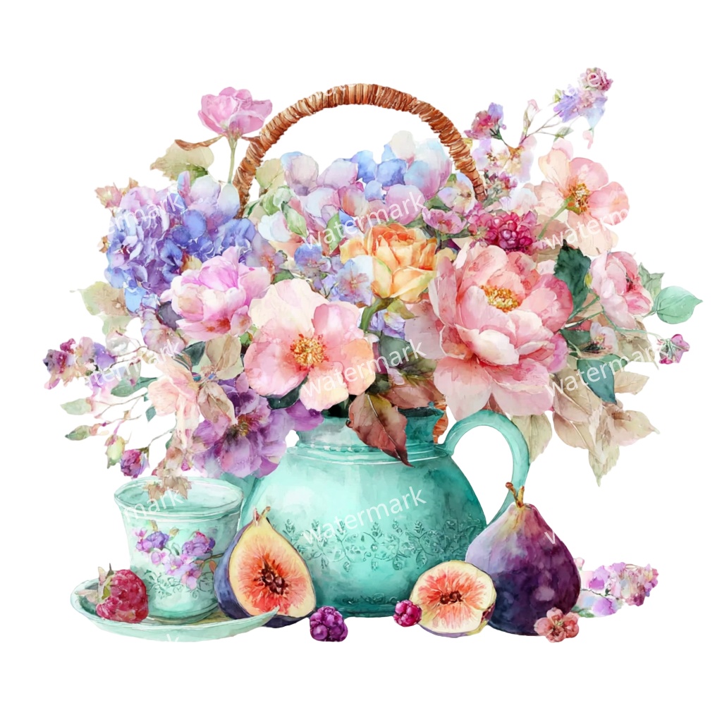 【商用利用可】花かご(水彩フローラルバスケット)クリップアート17点セット|高解像度・透過PNG|印刷OK・コラージュ・ジャンクジャーナル素材|即ダウンロード