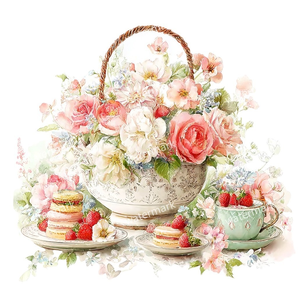 【商用利用可】花かご(水彩フローラルバスケット)クリップアート17点セット|高解像度・透過PNG|印刷OK・コラージュ・ジャンクジャーナル素材|即ダウンロード