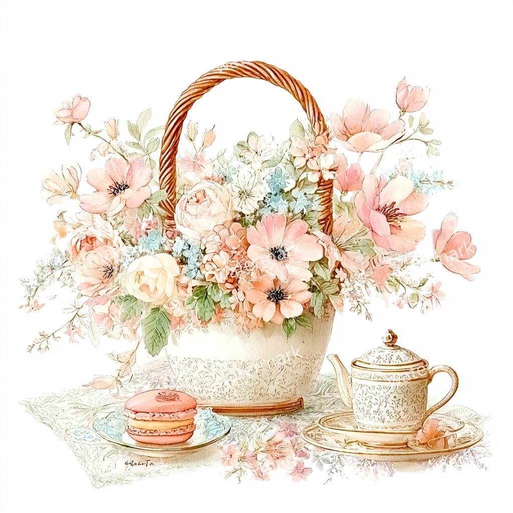 【商用利用可】花かご(水彩フローラルバスケット)クリップアート17点セット|高解像度・透過PNG|印刷OK・コラージュ・ジャンクジャーナル素材|即ダウンロード