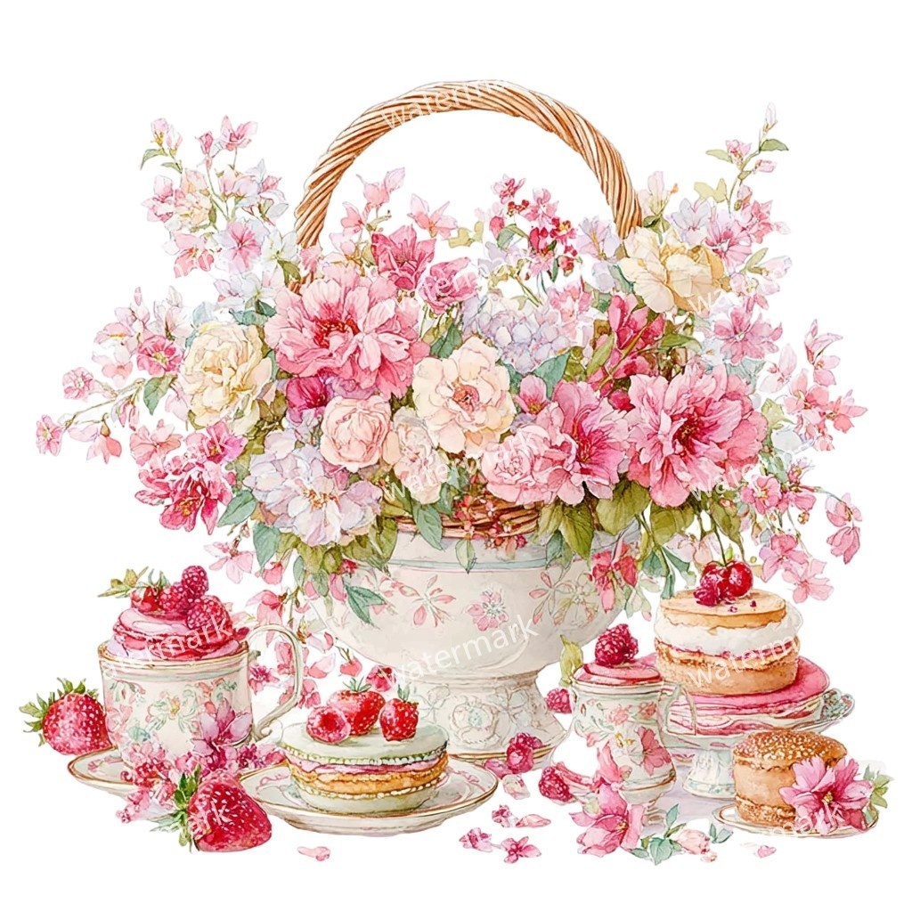 【商用利用可】花かご(水彩フローラルバスケット)クリップアート17点セット|高解像度・透過PNG|印刷OK・コラージュ・ジャンクジャーナル素材|即ダウンロード