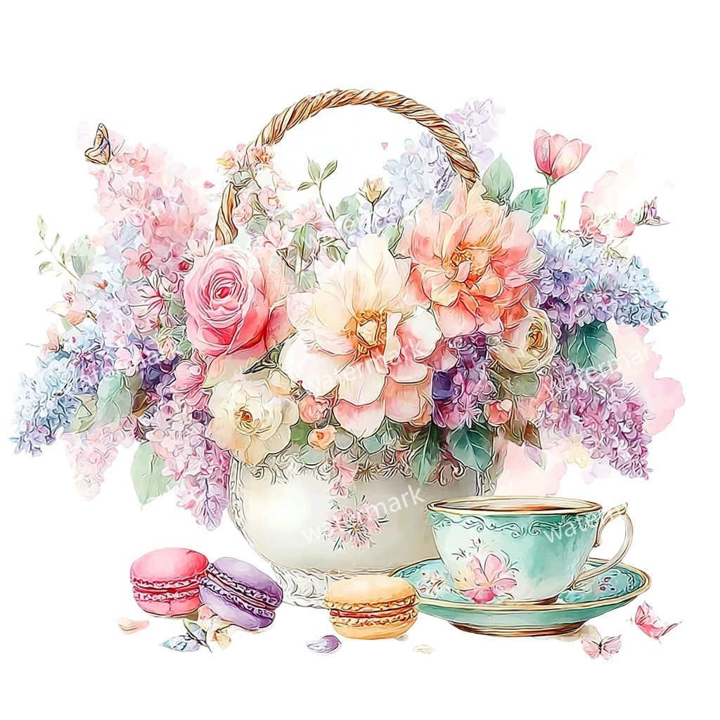 【商用利用可】花かご(水彩フローラルバスケット)クリップアート17点セット|高解像度・透過PNG|印刷OK・コラージュ・ジャンクジャーナル素材|即ダウンロード