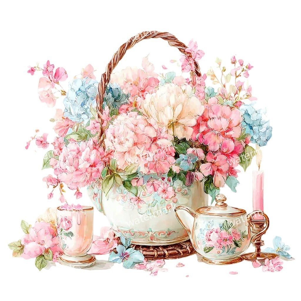 【商用利用可】花かご(水彩フローラルバスケット)クリップアート17点セット|高解像度・透過PNG|印刷OK・コラージュ・ジャンクジャーナル素材|即ダウンロード