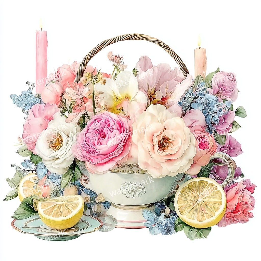 【商用利用可】花かご(水彩フローラルバスケット)クリップアート17点セット|高解像度・透過PNG|印刷OK・コラージュ・ジャンクジャーナル素材|即ダウンロード