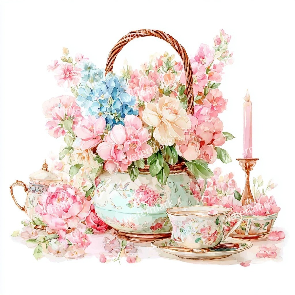 【商用利用可】花かご(水彩フローラルバスケット)クリップアート17点セット|高解像度・透過PNG|印刷OK・コラージュ・ジャンクジャーナル素材|即ダウンロード