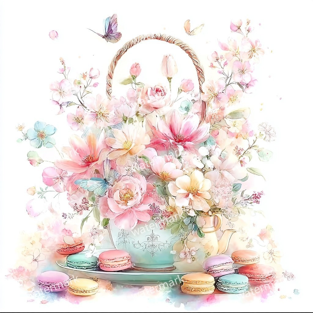 【商用利用可】花かご(水彩フローラルバスケット)クリップアート17点セット|高解像度・透過PNG|印刷OK・コラージュ・ジャンクジャーナル素材|即ダウンロード