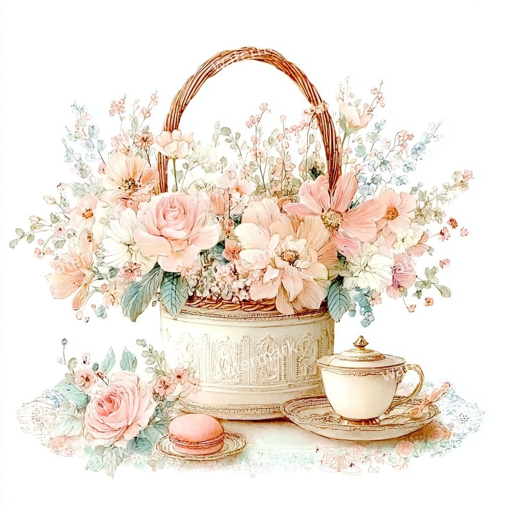 【商用利用可】花かご(水彩フローラルバスケット)クリップアート17点セット|高解像度・透過PNG|印刷OK・コラージュ・ジャンクジャーナル素材|即ダウンロード