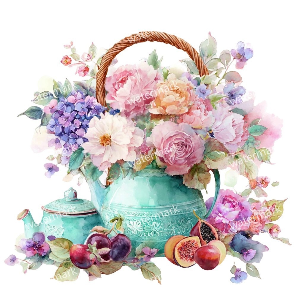 【商用利用可】花かご(水彩フローラルバスケット)クリップアート17点セット|高解像度・透過PNG|印刷OK・コラージュ・ジャンクジャーナル素材|即ダウンロード